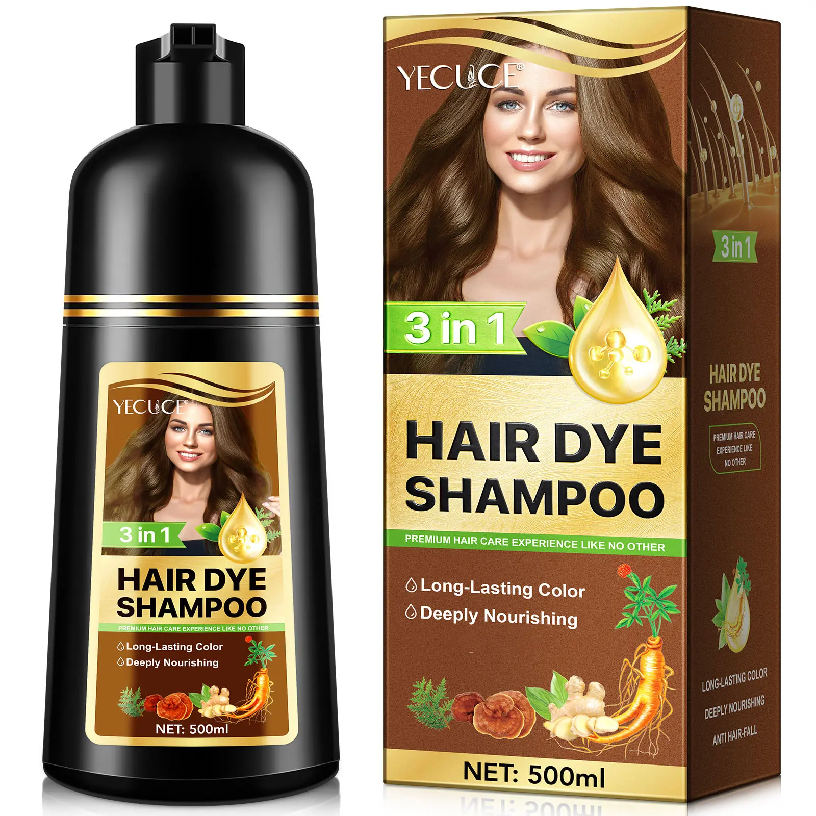 Yecuce 3-in-1 Hair Dye Shampoo with Ginger Extract for Long Lasting Color & Deep Nourishment 500ml Haircare Cleansing