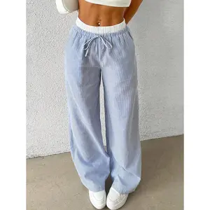 Women's Blue & White Striped Wide-Leg Pants - Trendy Casual Loose Fit, Elastic Waist with Drawstring, Perfect for Summer Outfits! linen pants baggy sweatpants cargo pants vacation outfits women