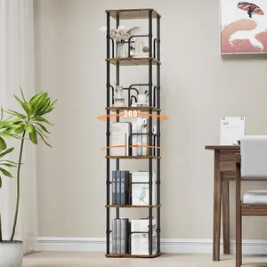 5 Tier Square Rotating Bookshelf, 360 ? Display Stackable Spinning Bookshelf Tower, Space Saving Tall Floor Standing Swivel Bookcase Corner Storage Organizer for Living Room, Rustic Brown, Small Size