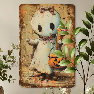 Vintage Cute Ghost with Pumpkin Painted metal signage - 8x12 "| perfect for Halloween decorations, indoor/ outdoor wall art in homes, bars, cafes, garages and libraries | Durable iron material