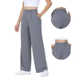 Women's Straight Wide Leg Dress Pants - Pull-On Work Trousers with Yoga Waistband for Business Casual Office, High Waisted Stretch Slacks with Pockets