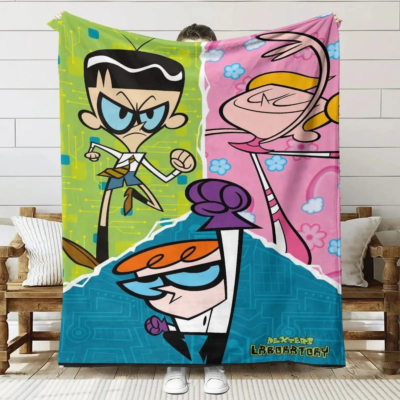 Dexter's Laboratory Cartoon Character Print Cotton Throw Blanket - Wrinkle Resistant, Glam, Breathable, All Seasons, 1-Piece, 50"x60" Bedroom Bedding Gift for Fans (Ideal for Family Use)