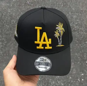 New Era Black Yellow LA Fitted Baseball Cap Flat Brim Hat, Structured Streetwear Cap, Embroidered Letter Hat, Unisex Cotton Baseball Hat, Adjustable Unisex Urban Hip Hop Look