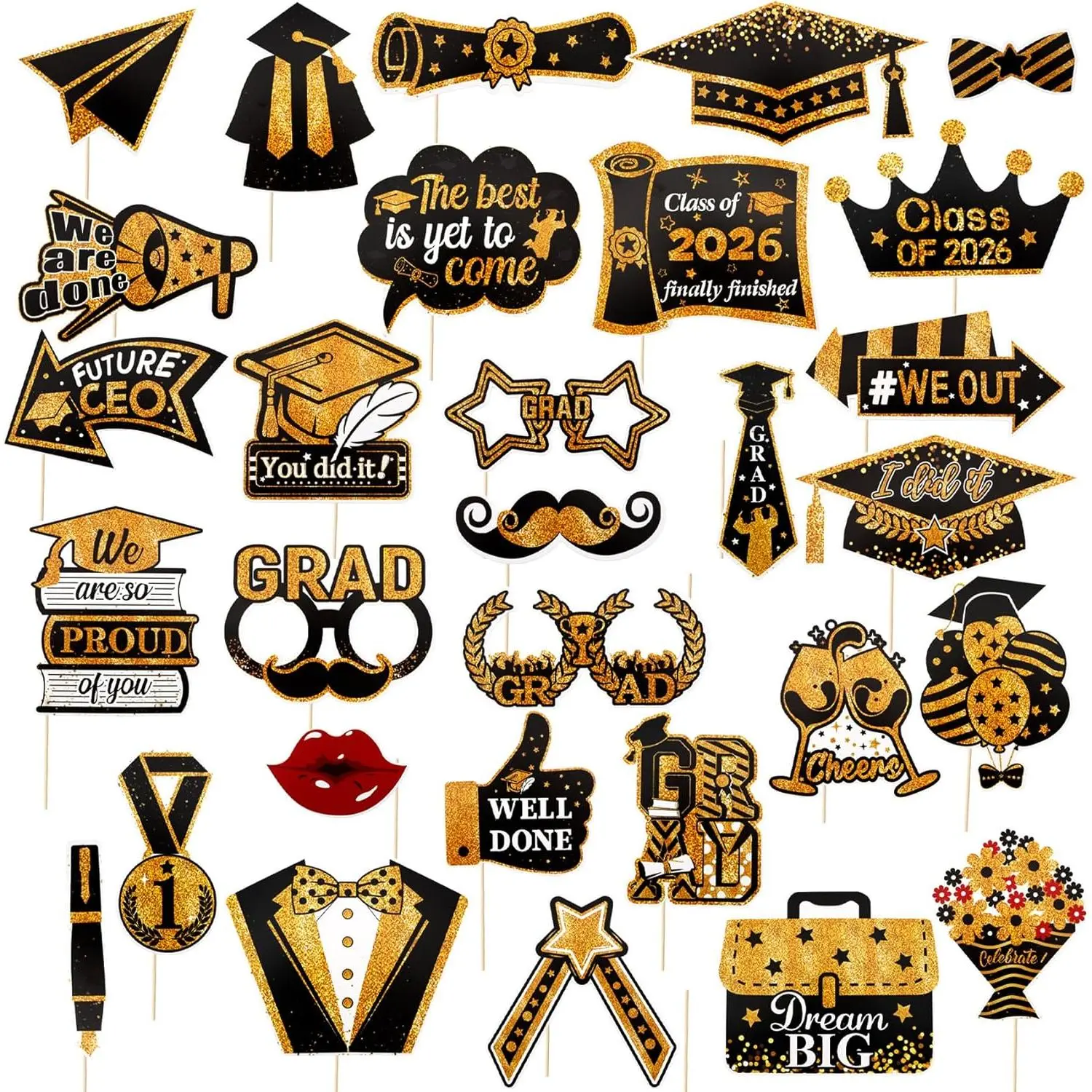 2026 Graduation 30 PCS Selfie Props Set with Sticks, Black Gold Grad Decor Accessories, Tape Included, Class of 2026 Grad Party Favors Supplies for Men & Women DIY Celebration (Toys & Hobbies Category)