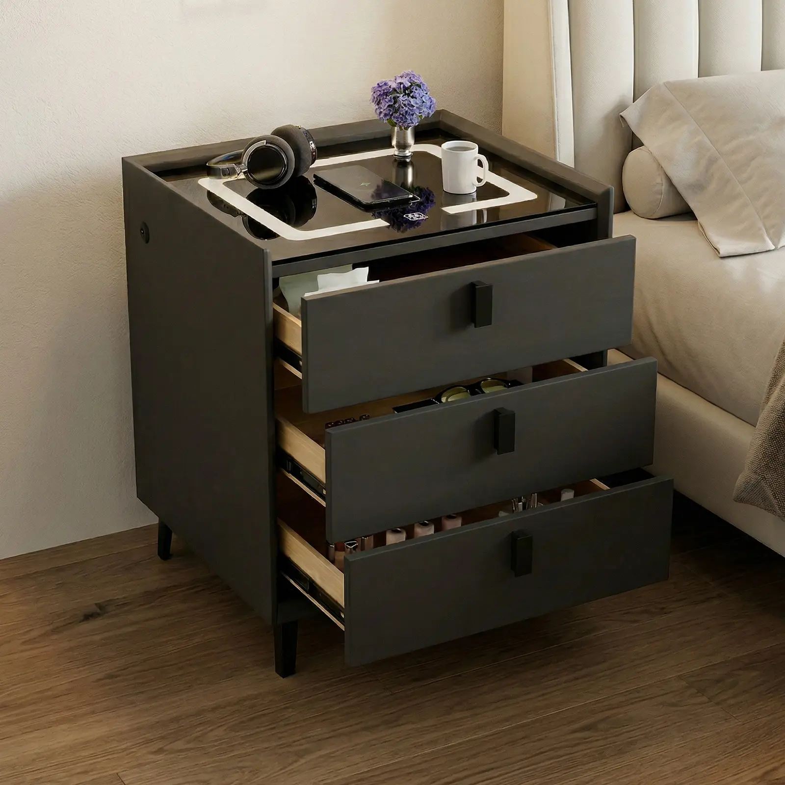 Contemporary Lighted Dual-Use Glass Bedside Table - Wireless Charging, Charging Dock, 2 USB Ports, Adjustable LED Light, 110 lb Weight Capacity, Indoor Furniture for Bedroom/Living Room, Lighted Bedside Tables, Contemporary Bedside Tables