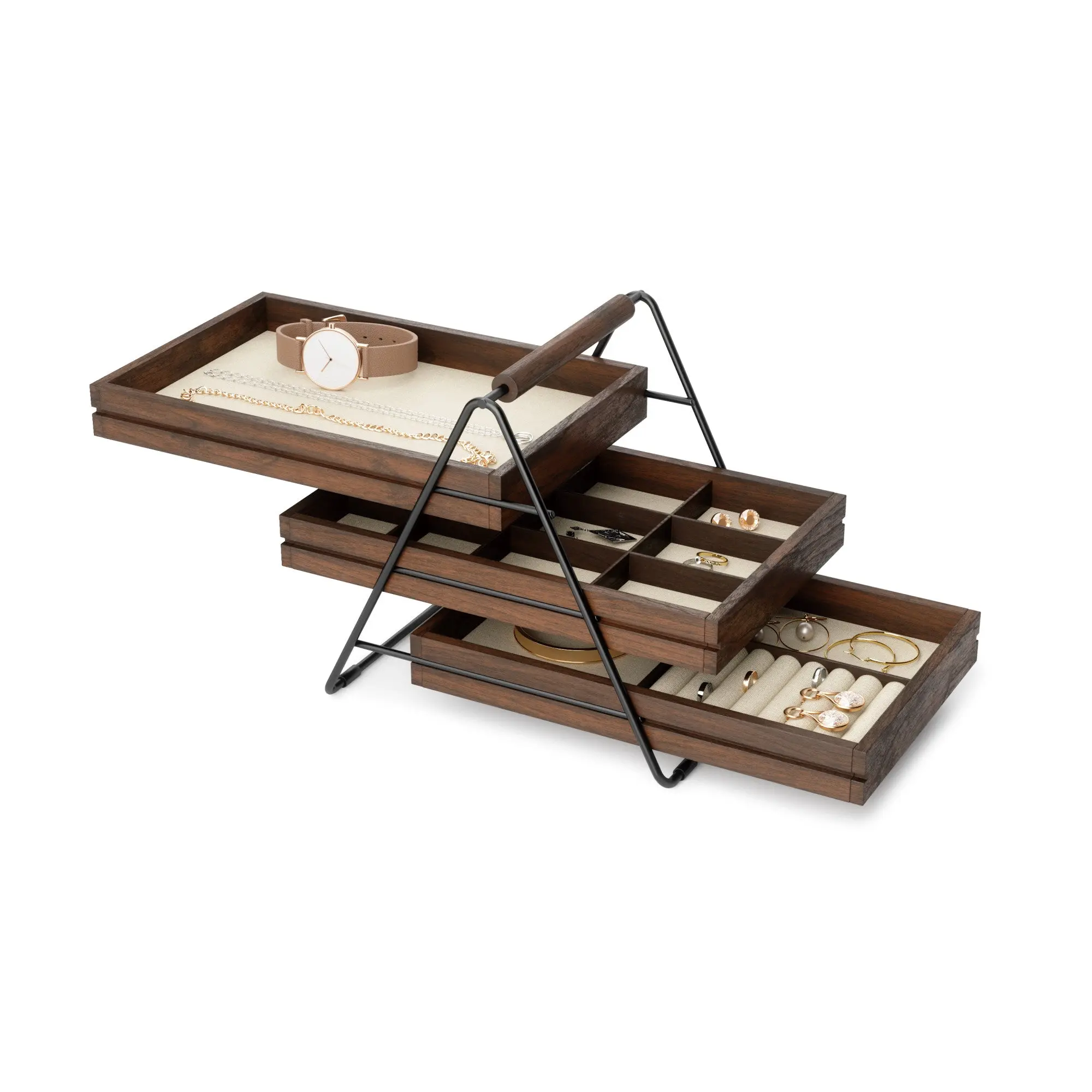 Umbra Terrace 3-Tier Jewelry Tray, Elegant Wood and Metal Organizer for Rings, Necklaces - 1 Pack Metal Organiser Racks Box