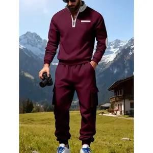 Men's autumn and winter color-blocking suit, half-zipper hoodie + workwear pants, a comfortable and trendy two-piece set for casual outdoor daily wear, suitable for Christmas, New Year and boyfriend gifts