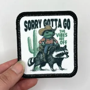 Sorry Gotta Go The Vibes Are Off Printed Patch with Cowboy Frog and Raccoon Design