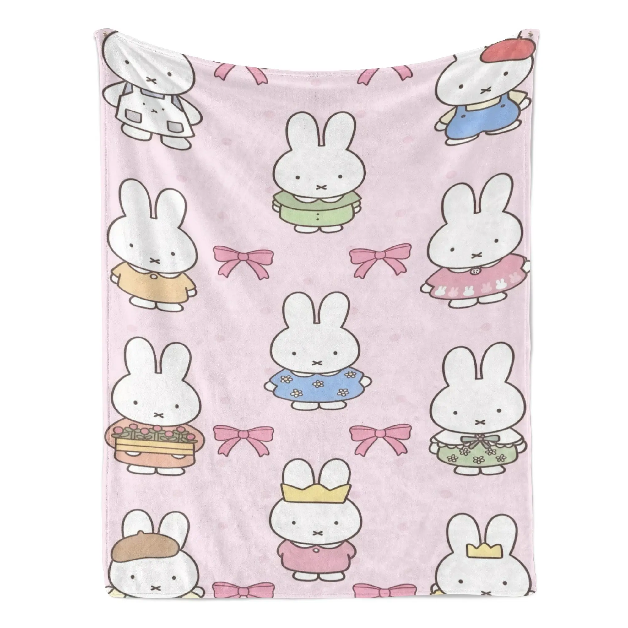 Miffy Rabbit Outfit Bow Crown Repeat Print  Blanket Soft Warm Throw Plush Blanket Kawaii Cute Cartoon Decor Bedroom Couch Nap Blanket Giftable Sweet Bunny Print Blanket For Room Party Day Gift Popular Home Blanket