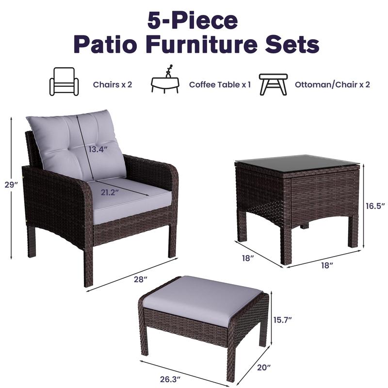 【2 Packages Shipping】5-Piece PE Rattan Patio Set – Wicker Chairs with Ottoman & Table, Perfect for Front Porch or Garden