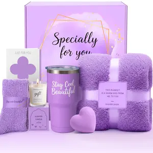 Birthday Gift for Women - Luxury Spa Self Care Kit for Her - Perfect Birthday Gifts for Wife Mom Girlfriend Sister - Relaxing Spa Experience with Blanket Candle Bath Bomb Tumbler - Purple Gift Box