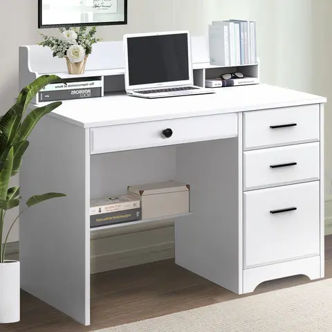 HOMBCK Sturdy Computer Laptop Desk - White Compact 20.5"d x 44"w x 38.5"h Classic Wood Grain Home Study Table with 4-Drawer Storage, Neck Pain Relief Hutch, Durable Assembly Required Furniture for Bedroom Use