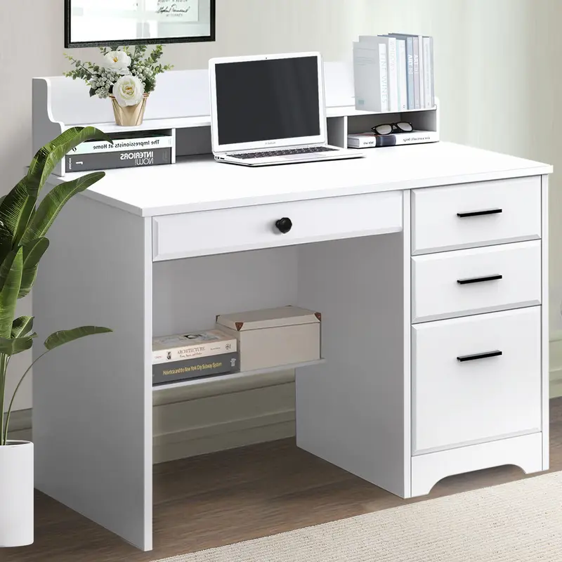 HOMBCK Sturdy Computer Laptop Desk - White Compact 20.5"d x 44"w x 38.5"h Classic Wood Grain Home Study Table with 4-Drawer Storage, Neck Pain Relief Hutch, Durable Assembly Required Furniture for Bedroom Use