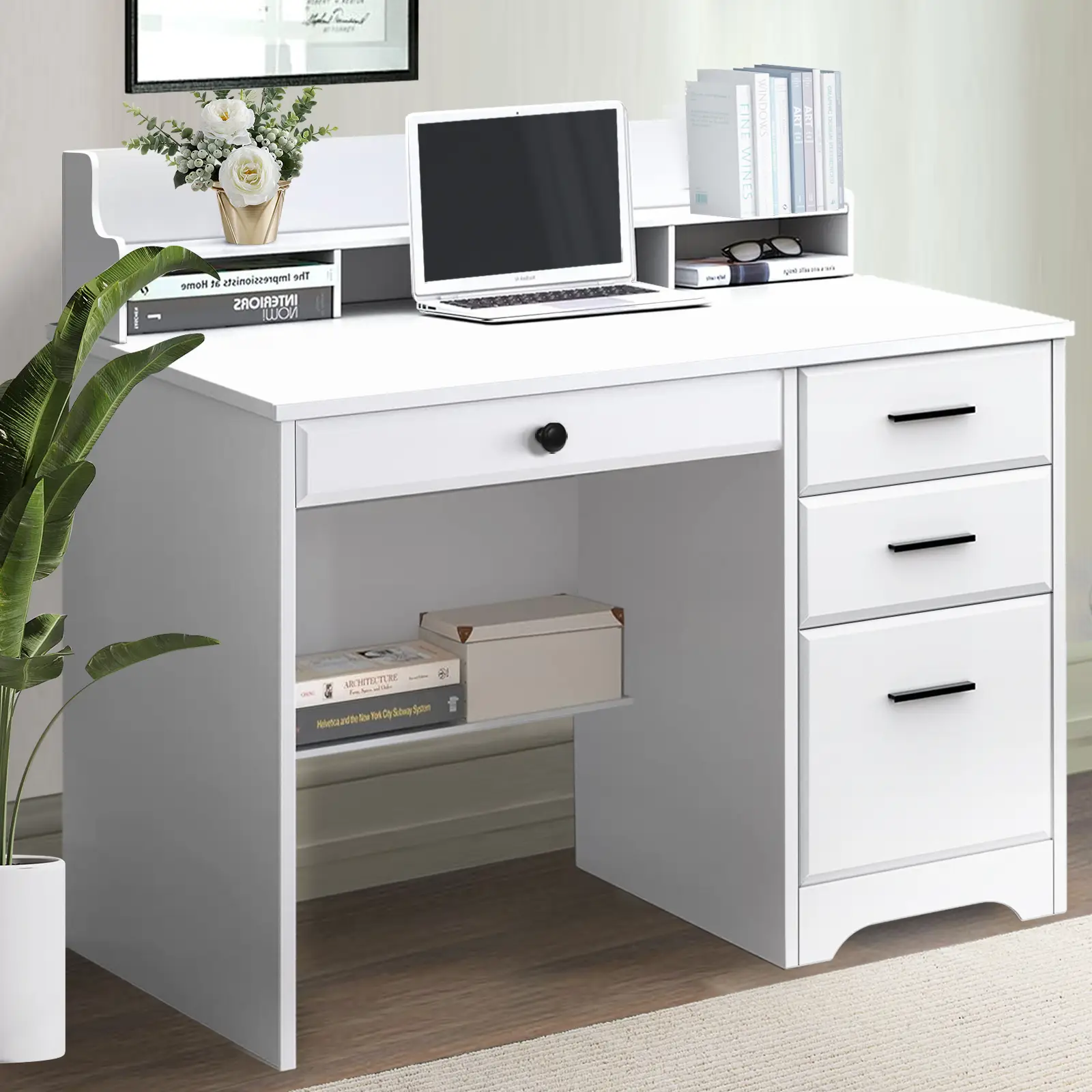 HOMBCK Computer Desk with Drawers, White Desk with Storage, Home Office Desk with Monitor Stand, Student Writing Desk, White