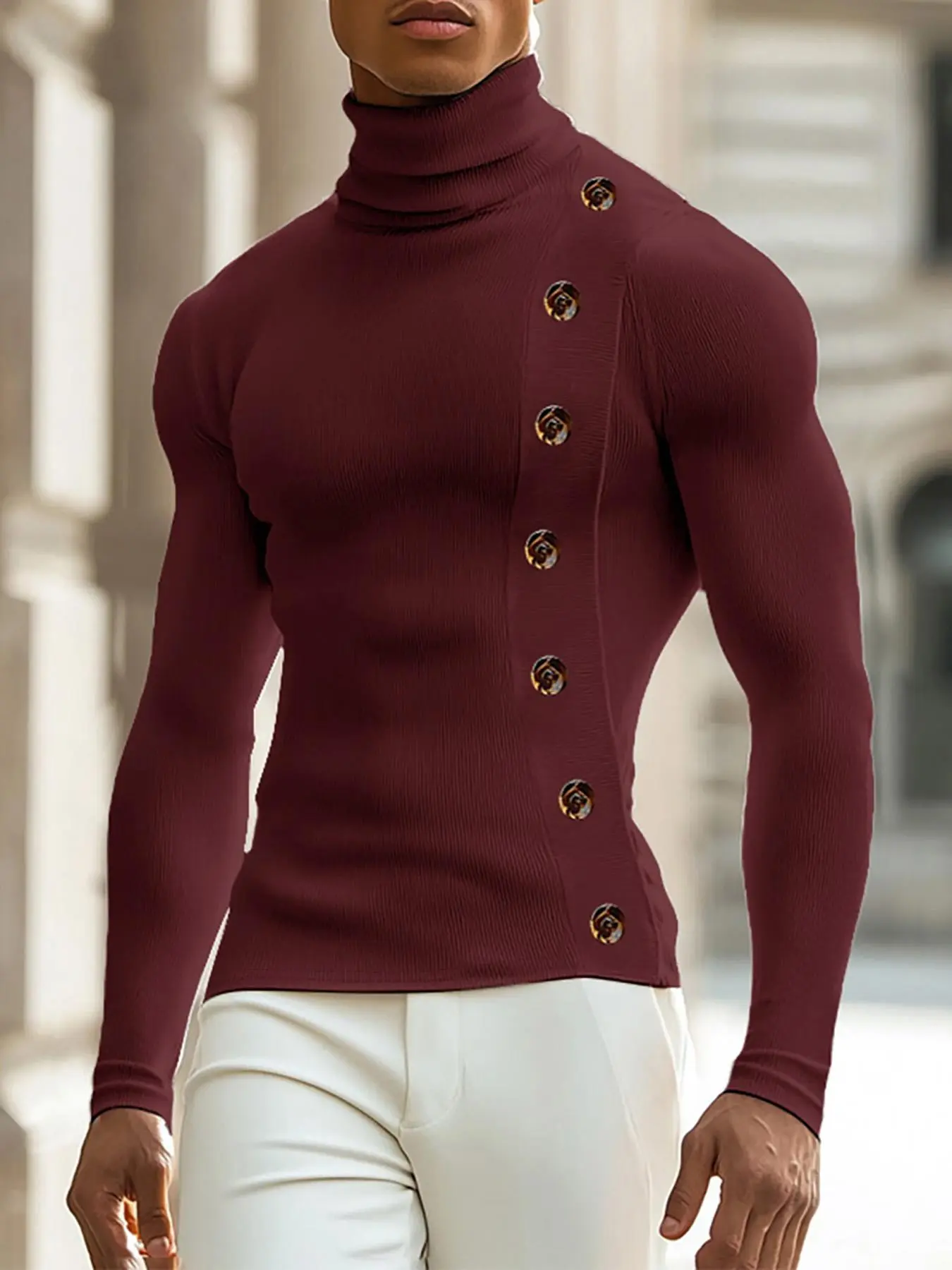 Men's High Neck Button Decor Pullover Tops Plain Casual T-shirts Casual Style Tee Casual Minimalist Basic Fitted Knitwear