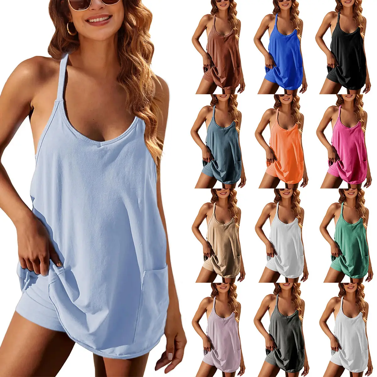 Naeduo Women's Summer Sleeveless Mini Coco Dress Athletic Dress Spaghetti Strap Short Tennis Dress with Pockets