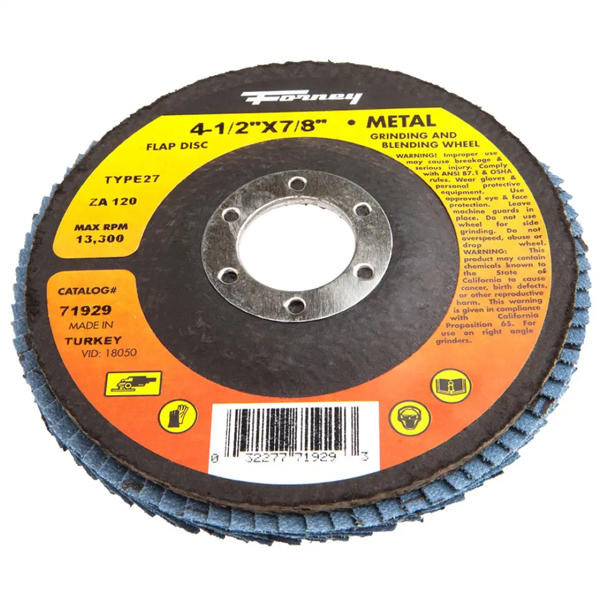 Forney Industries  4.5 x 0.87 in. ZA120 Type 27 Flap Disc, Zirconia, 13,300 Max Rpm, Fiberglass Backing Plate