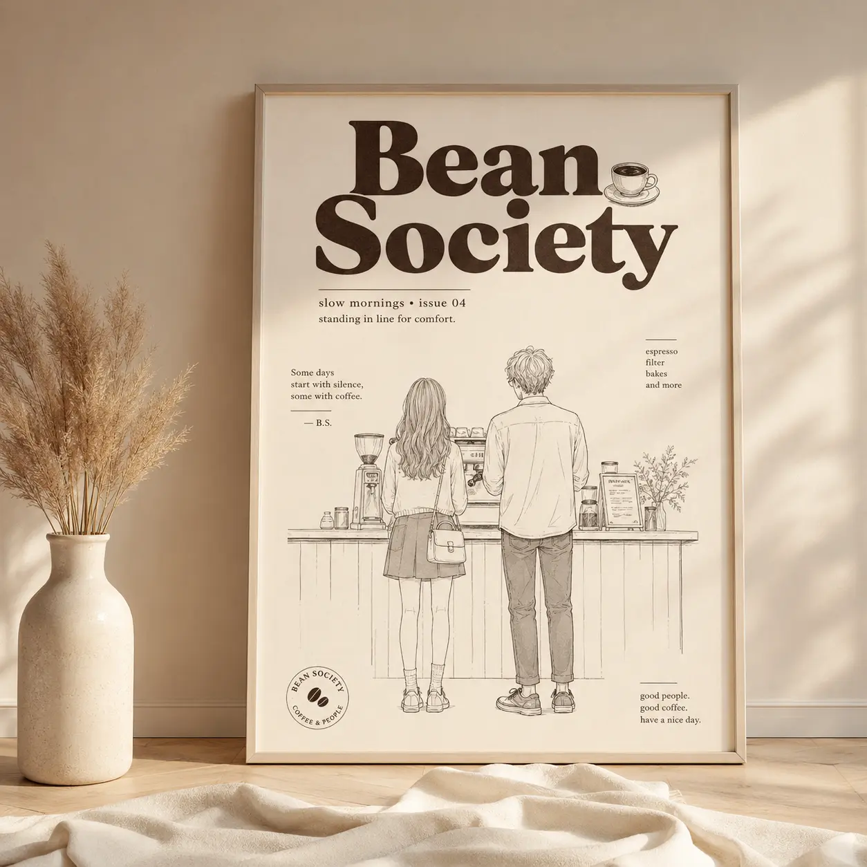 Bean Society Coffee Poster, Vintage Cafe Wall Art, Cozy Coffee Bar Room Decor | Poster No Frame