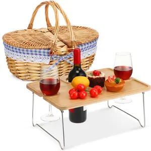 Picnic Basket with Foldable Wine Table Kit, Handmade Wicker Basket with Lid Handle Portable Bamboo Tray Table for 2 Outdoor Camping Picnic Wine Set Gift for Couples (Blue and White)