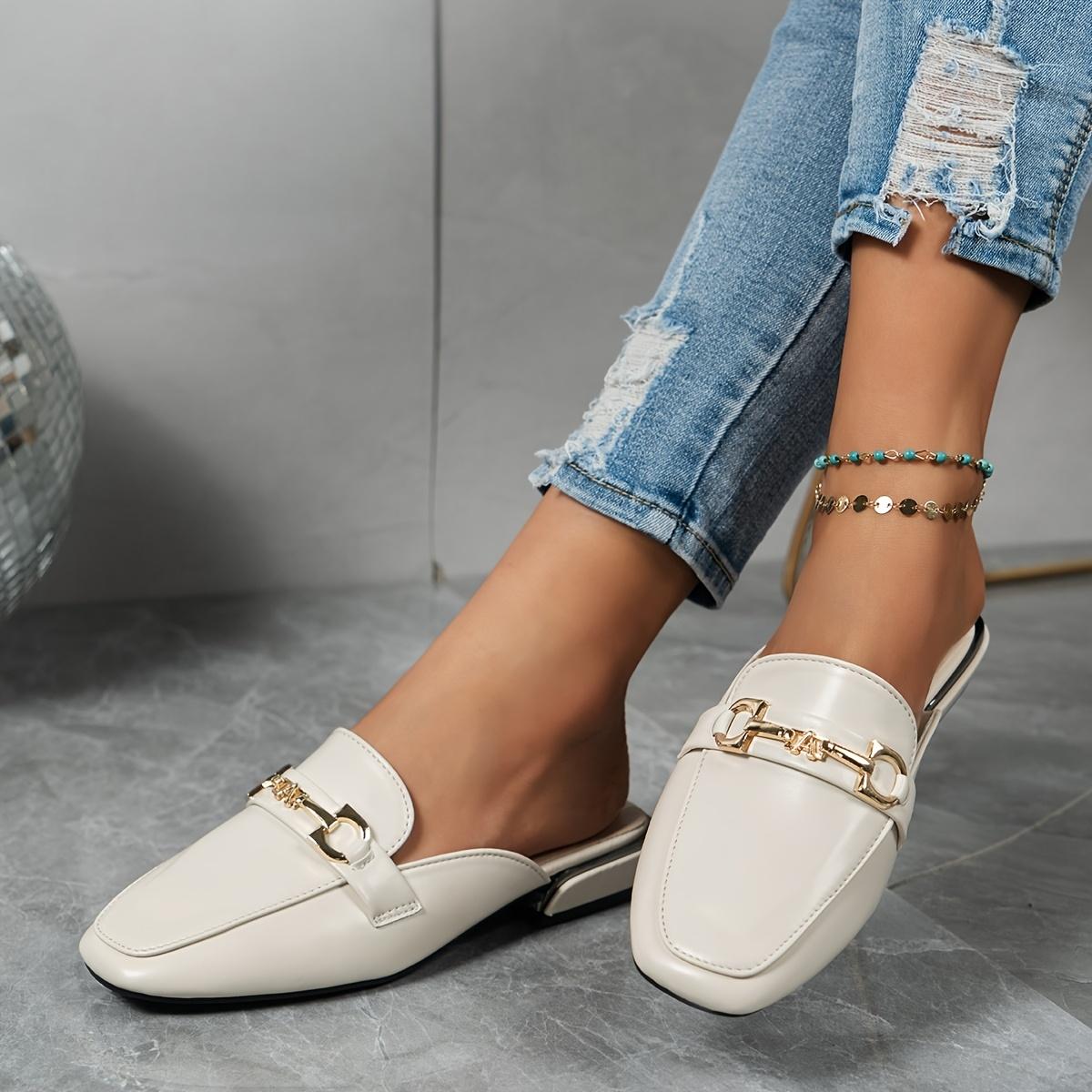 New Versatile Open-Toe Heeled Half Women'S Wear Metal Muller Shoes Lazy One-Step Flat And Loafer Shoes, Women Shoes