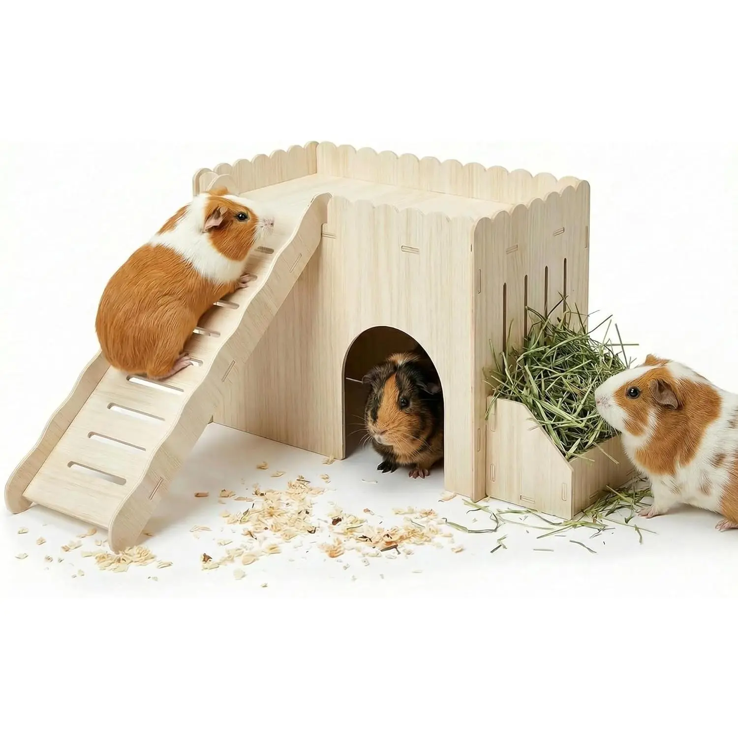 Extra Large Guinea Pig Hideout Wooden Bunny Climbing Toys Castle House with Ramp and Feeder, Enrichment Accessories for Rabbit, Chinchilla, Hamster, Hutch Cages for Small Animals