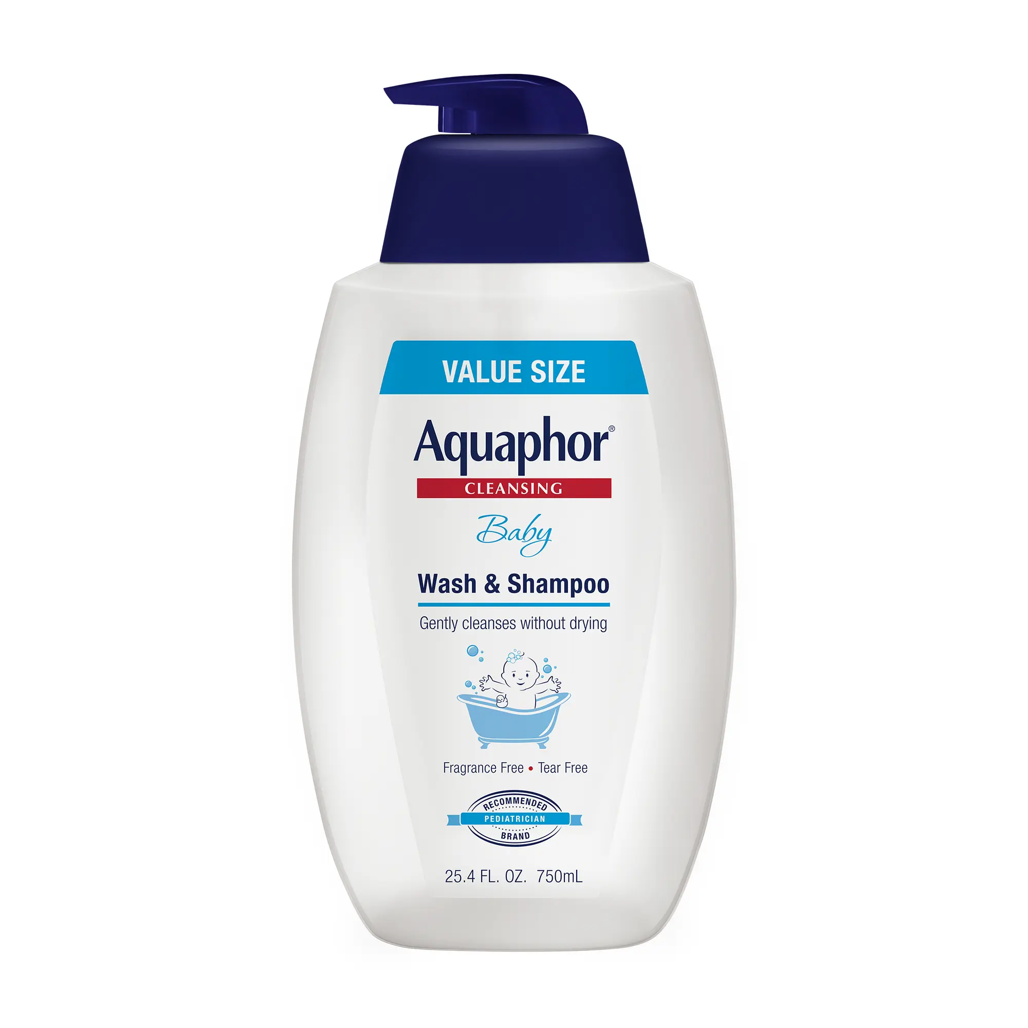 Aquaphor Baby 2-in-1 Wash & Shampoo, Unscented 25.4 fl oz Pump Bottle for Sensitive Skin, Infant & Toddler Shampoo with Chamomile Essence & Provitamin B5, Extra Mild Tear-Free Bath Care