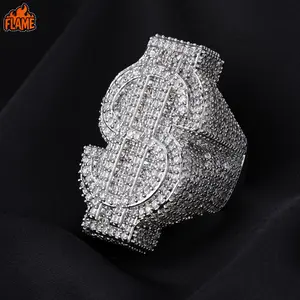 Men's Dollar Sign Design Zircon Ring - Flame Miami-Style Trendy Band, Urban Streetwear Hip-Hop Statement Piece, Party Accessory, Modern Friend Gift