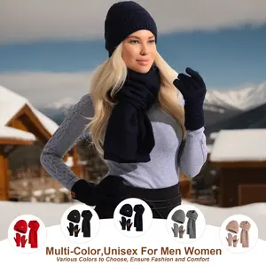 Winter 3 Piece Knitted Beanie Hat Scarf Gloves Set for Men and Women. Fleece Lined Skull Cap, Touchscreen Gloves and Soft Scarf