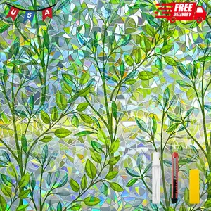 Window Privacy Film Stain Glass (Leaf Rainbow, 17.5 x 78.7 in)