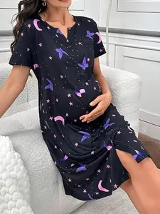 Maternity Pajama Dress Summer Butterfly Moon Star Print Front Button Short Sleeve Lightweight Nightgown
