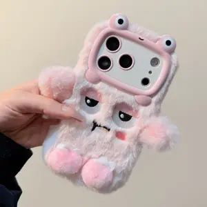 Fall/Winter Sad-Cute Pink Frog Plush Phone Case | 3D Funny Face + Soft Flocked Texture | Full-Coverage Lens Shockproof | Perfect for Cozy Outings & Fun Gifts | For iPhone13 14 15 16 17 Full Series | Phone Decoration Protector