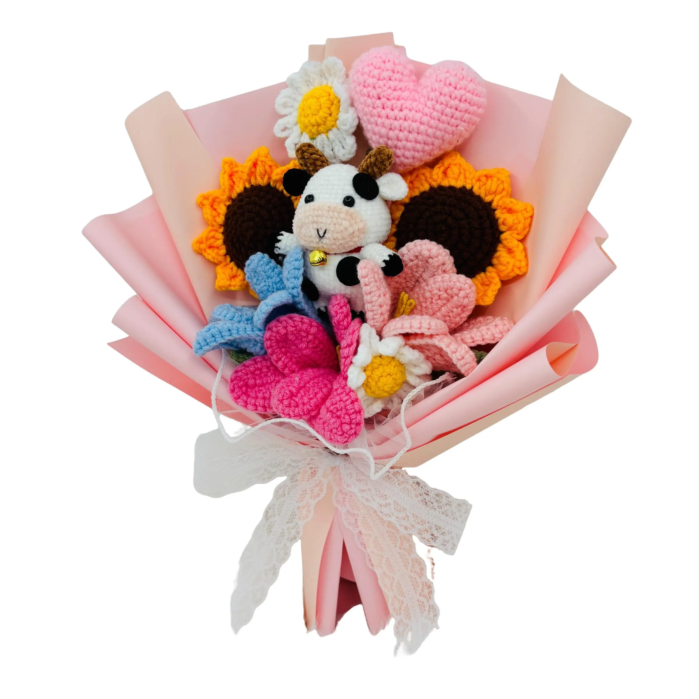 Handmade Crochet Sunflower Tulip Heart Cute Cow Doll Bouquet, Mother's Day Friend Lover Grandmother Party Gift Fake Flower Arrangement, Artificial Flower Arrangements, Artificial Flowers Bouquet, Artificial Flower Decorations, Decorative Faux Flowers
