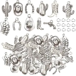 100 Grams Alloy Western Cowbo Cowgi Charms Antique Silver Mixed Cowb Boot Hat Horseshoe Dangle Pendants with 80pcs Split Rings for DIY Necklace Bracelet Earrings Jewelry Making