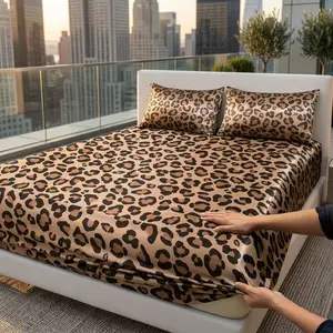 2/3-Piece Leopard Print Satin Bedding Set – Soft Breathable Fitted Sheet & Pillowcases, Deep Pocket, All-Season Comfort for Home Hotel Bedroom Decor