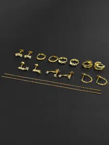 8 Pairs 18K Gold Plated Small Hoop Earring CZ Cartilage Stud Earring for Women Long Chain Drop Dangle Stack Earrings for Multiple Piercings Gold Silver Tone