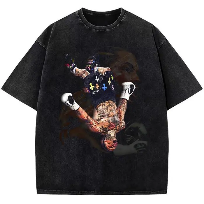 Holafish Oversize Acid Wash Vintage Boxer pattern TShirt Heavyweight Cotton Streetwear graphic vintage tees Menswear Crewneck Tshirt