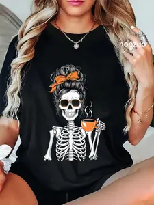 100% Cotton Unisex Halloween Skeleton Messy Bun Coffee Funny Costume Mom Women T-Shirt