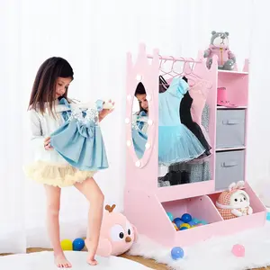GARVEE Storage closet for costumes featuring an illuminated mirror and storage container, available in pink and white, designed for efficient organization of dress-up clothes and accessories