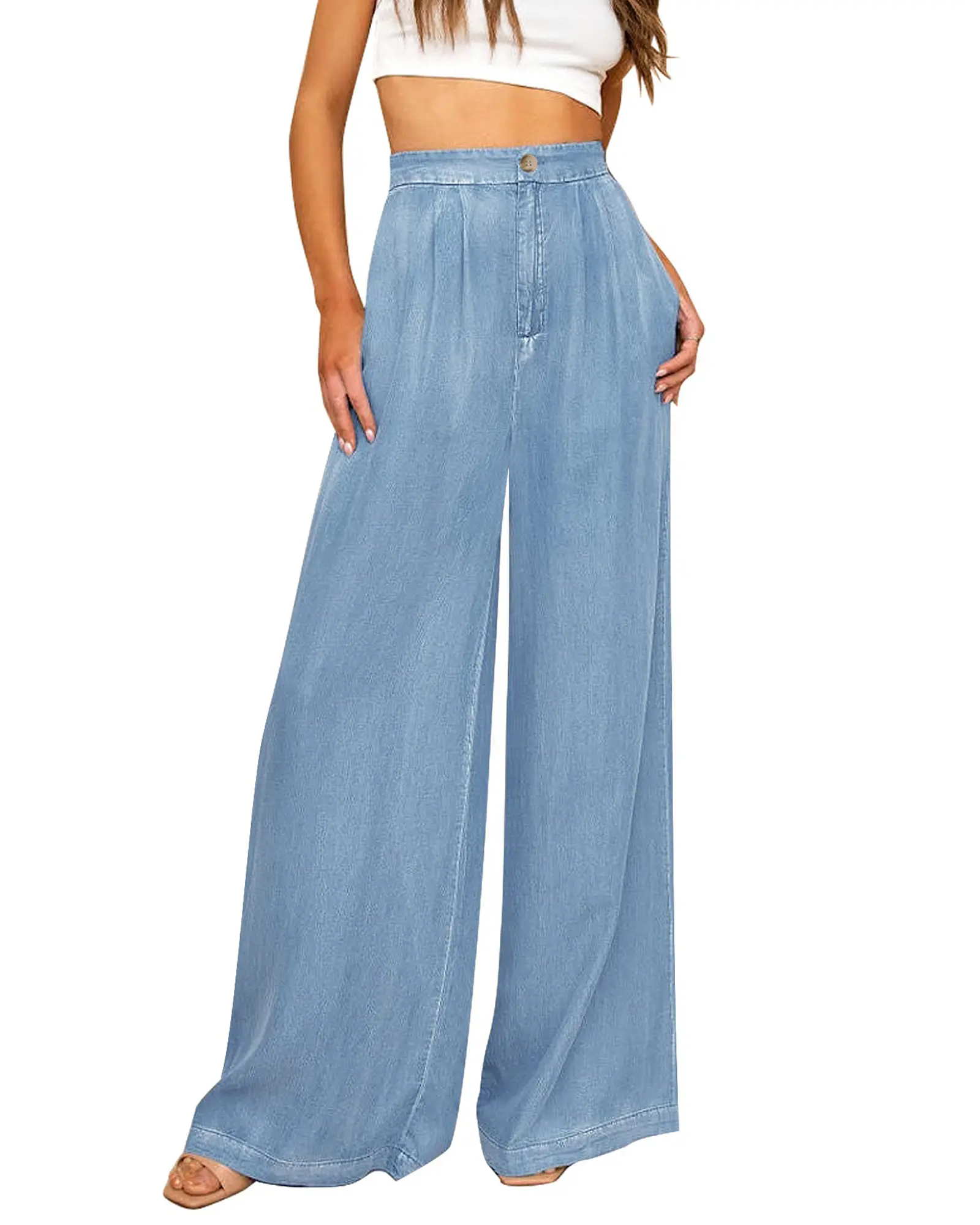 GRAPENT Women's High Waisted Wide Leg Jeans Palazzo Pants Lightweight Summer Beach Flowy Trousers Y2K Tencel Fabric Side Pockets Zipper Closure