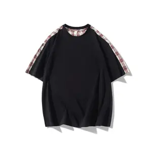 NewBdhjydb Men'S Casual Plaid & Solid Color T-Shirt - Short Sleeve, Round Neck, Lightweight Polyester Blend, Summer Streetwear with Contrast Sleeves, White with Brown/Beige/Black/White Check Pattern, Perfect for Casual Attire, Everyday Tshirt|   Contrast