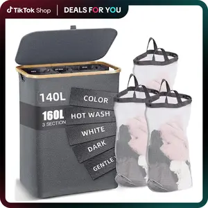 Extra Large 3-Compartment Laundry Hamper with Lid & Reinforced Handles for Bedroom Laundry Room 150L Capacity Sturdy Easy to Carry Rectangle Design