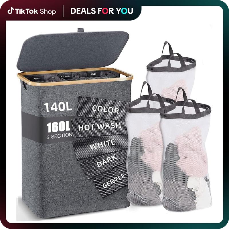 Large Capacity Laundry Hamper 3 Section with Lid, Portable Dirty Clothes Organizer for Household