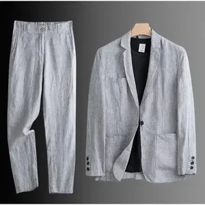 Men's Summer Linen Suit Slim-fitting Thin Cotton and Linen Casual Loose Jacket Sunscreen Two-piece Suit for Men