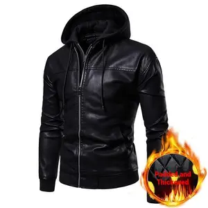 Men's Black Faux Leather Jacket with Sherpa Lining - Hooded Casual Fashion Coat