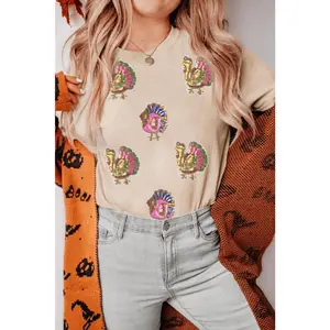 Khaki Sequin Turkey Patched Thanksgiving Graphic Tee Classic Fit Cotton Tee