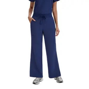 VECARDI Women's Scrub Pants Wide Leg Elastic Waist Drawstring Medical Work Pants with Multi-Pockets, Navy Blue, Comfort Stretch for Nurses, Doctors, Healthcare Workers