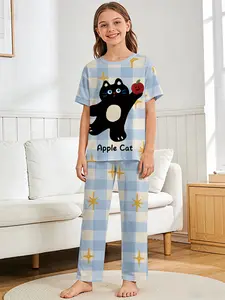 Apple Black Cat's Star Grid Pie 2-piece set: girls' digital printed short-sleeve pajamas with long sleep pants, made of flame-retardant fabric, It's a casual, comfortable and soft pajama set, Loungewear, suitable for sleeping and home leisure. Ma