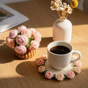 Flower Cup Crochet Coasters, Handmade Crochet Flower Bouquet Coaster, Yarn Knitted Flower Cup Transform Bouquet, Fun Soft Decorative Drink Coasters for  Home Decor, Room Decor, Gift