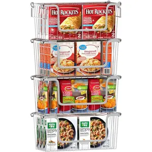 Stacking Freezer Organizer Bins for 5.0Cu.Ft Chest Freezer, Small Stackable Chest Freezer Baskets Metal Wire Kitchen Pantry Storage Open Front Deep Freezer Bins with Foldable Handles, Set of 4