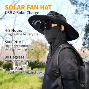 Outdoor Wide Brim Sun Hat with 2 Solar Fan Sun Bucket Hat for Men Women UPF 50+ Bucket Fishing & Beach Hat with Fan Built in